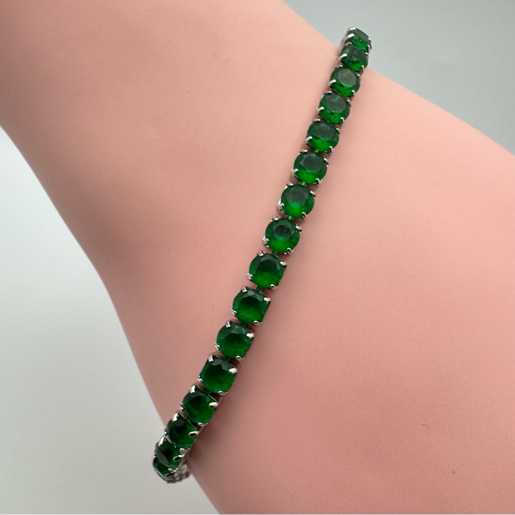 New Silver Plated Green Cubic Zirconia Tennis Bracelet 7.5” Fold Over Clasp